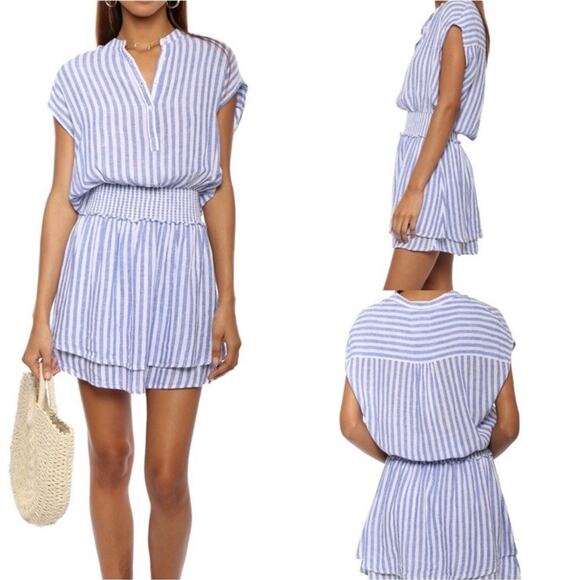 Rails Angelina Dress Boracay Striped Blue White Mini Smocked Linen Size Small - Picture 1 of 12